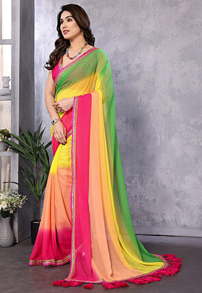 Embellished Trim Georgette Saree in Multicolor