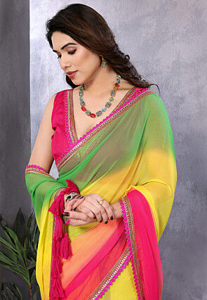 Embellished Trim Georgette Saree in Multicolor