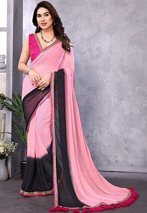 Embellished Trim Georgette Saree in Shaded Pink and Black