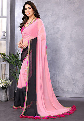 Embellished Trim Georgette Saree in Shaded Pink and Black