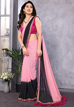 Embellished Trim Georgette Saree in Shaded Pink and Black