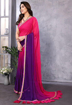 Embellished Trim Georgette Saree in Shaded Pink and Purple