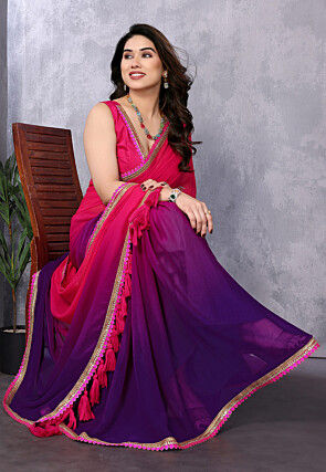 Embellished Trim Georgette Saree in Shaded Pink and Purple