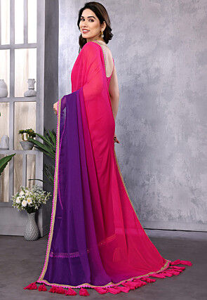 Embellished Trim Georgette Saree in Shaded Pink and Purple
