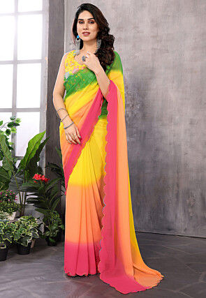 Embellished Trim Georgette Scalloped Saree in Multicolor