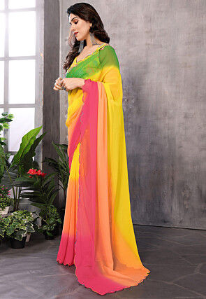 Embellished Trim Georgette Scalloped Saree in Multicolor