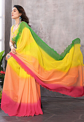 Embellished Trim Georgette Scalloped Saree in Multicolor