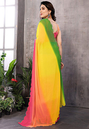 Embellished Trim Georgette Scalloped Saree in Multicolor