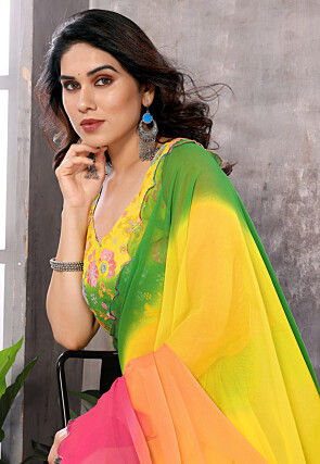 Embellished Trim Georgette Scalloped Saree in Multicolor