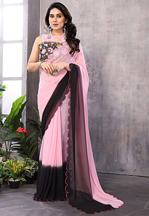Embellished Trim Georgette Scalloped Saree in Pink and Black