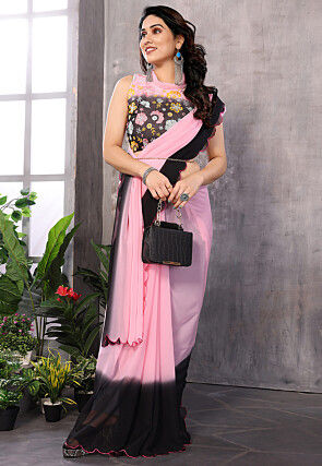 Embellished Trim Georgette Scalloped Saree in Pink and Black