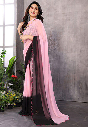Embellished Trim Georgette Scalloped Saree in Pink and Black