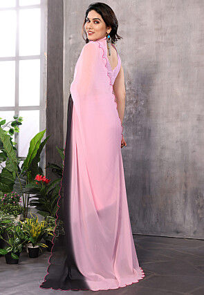 Embellished Trim Georgette Scalloped Saree in Pink and Black