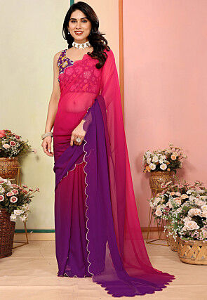 Embellished Trim Georgette Scalloped Saree in Pink and Purple