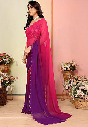 Embellished Trim Georgette Scalloped Saree in Pink and Purple