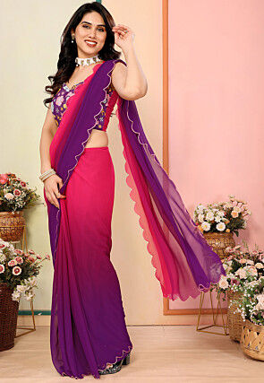 Embellished Trim Georgette Scalloped Saree in Pink and Purple