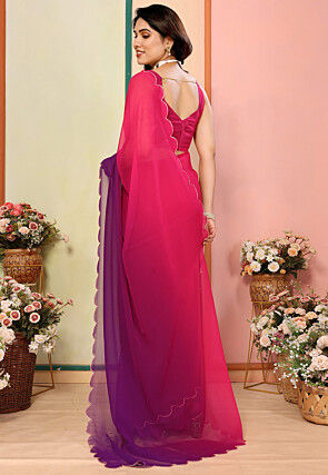 Embellished Trim Georgette Scalloped Saree in Pink and Purple