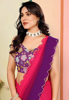 Embellished Trim Georgette Scalloped Saree in Pink and Purple