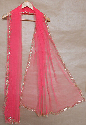 Embellished Trim Net Scalloped dupatta in Coral Pink