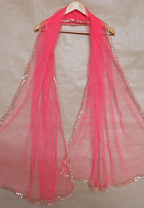 Embellished Trim Net Scalloped dupatta in Coral Pink