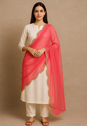 Embellished Trim Net Scalloped dupatta in Coral Pink