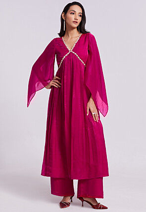 Embellished Trim Organza Aline kurta Set in Fuchsia