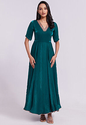 Embellished Trim Organza Gown in Teal Green
