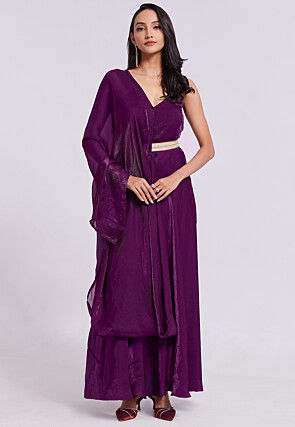 Embellished Trim Organza Gown with attached Dupatta in Wine