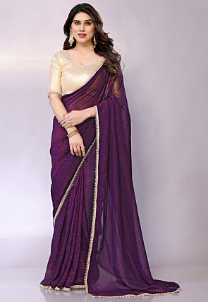 Embellished Trim Tissue Georgette Saree in Purple