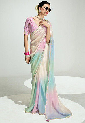 Ombre Trim Tissue Silk Saree in Multicolor