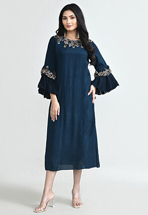Embellished Trims Art Silk A Line Dress in Dark Teal Blue