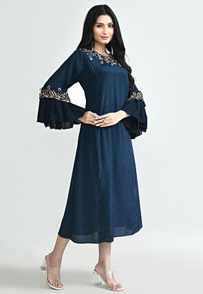 Embellished Trims Art Silk A Line Dress in Dark Teal Blue