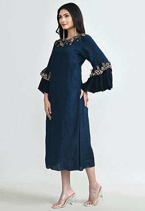 Embellished Trims Art Silk A Line Dress in Dark Teal Blue