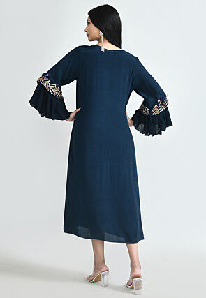 Embellished Trims Art Silk A Line Dress in Dark Teal Blue