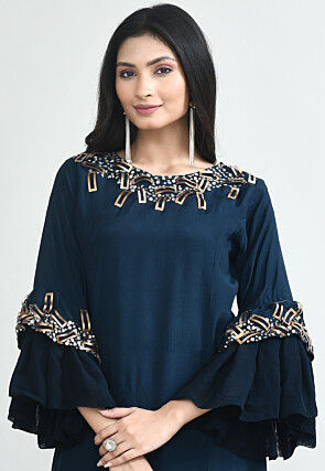 Embellished Trims Art Silk A Line Dress in Dark Teal Blue