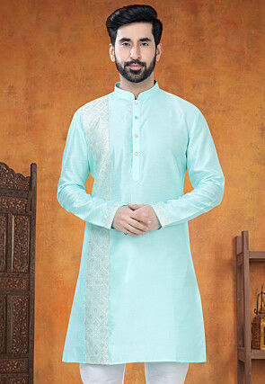 Embellished Trims Art Silk Kurta in Blue