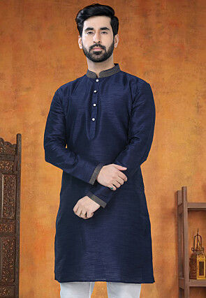 Embellished Trims Art Silk Kurta in Blue