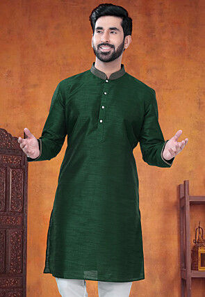 Embellished Trims Art Silk Kurta in Green