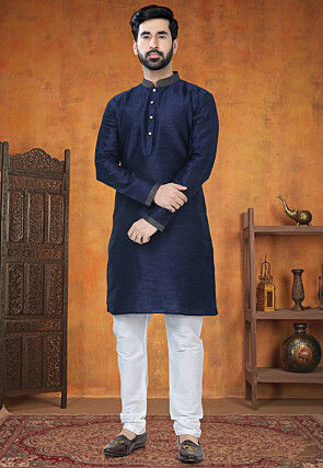 Embellished Trims Art Silk Kurta Set in Blue