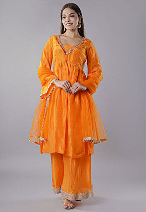 Embellished Trims Uppada Silk Pakistani  Suit in Orange