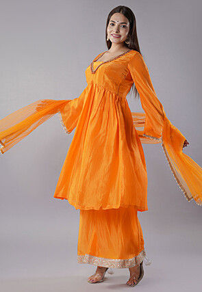 Embellished Trims Uppada Silk Pakistani  Suit in Orange