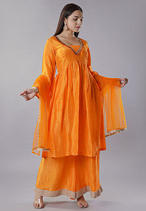 Embellished Trims Uppada Silk Pakistani  Suit in Orange
