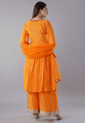 Embellished Trims Uppada Silk Pakistani  Suit in Orange