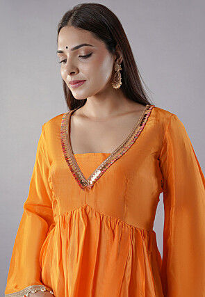 Embellished Trims Uppada Silk Pakistani  Suit in Orange