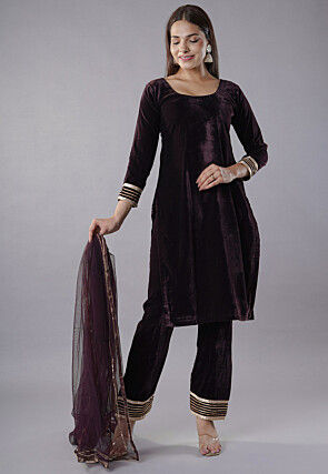 Embellished Trims Velvet Pakistani  Suit in Dark Brown