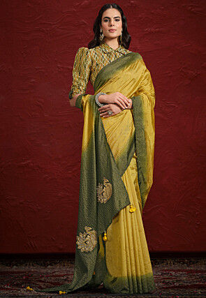 Embellished Uppada Silk Jacquard Saree in Mustard and Green