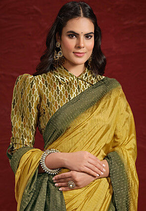 Embellished Uppada Silk Jacquard Saree in Mustard and Green
