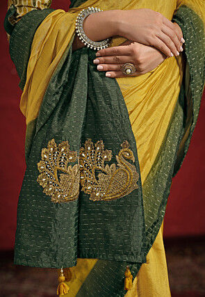 Embellished Uppada Silk Jacquard Saree in Mustard and Green