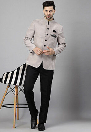 Embellished Velvet Blazer Set in Light Grey