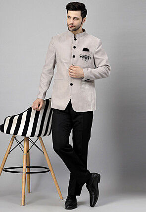 Embellished Velvet Blazer Set in Light Grey